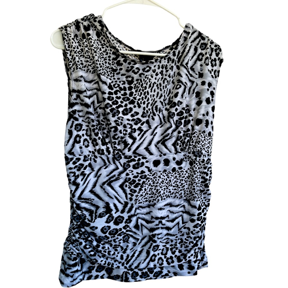 St. Tropez West leopard ruched sleeveless blouse.